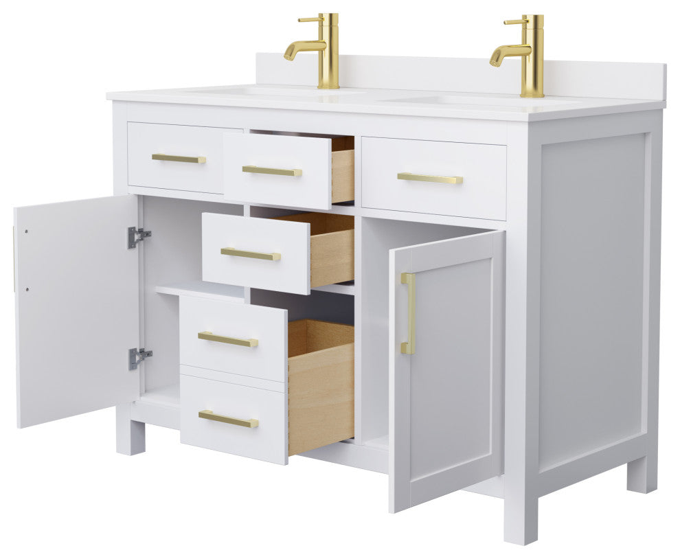 48"DBL Bath Vanity, White, White Cult. Marble Countertop, Sinks, Gold Trim