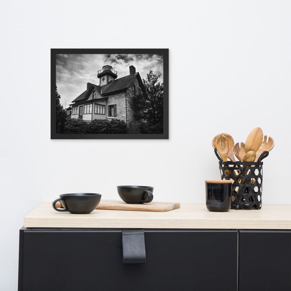 Cedar Point Lighthouse in Black and White Framed Photo Paper Wall Art Prints, Black, 12" X 16"