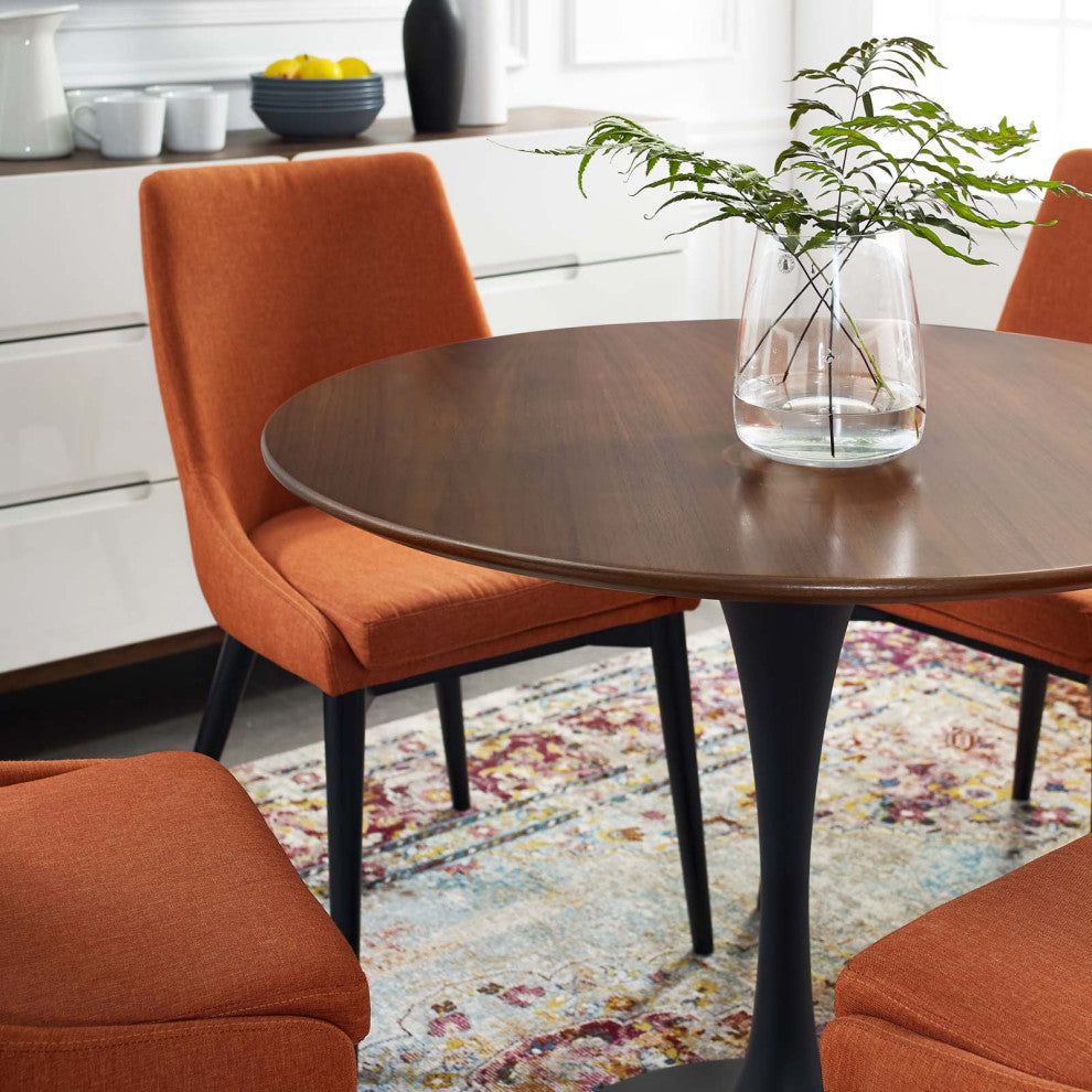 Modern Designer Room Round Dining Table, Wood Metal Steel, Black Walnut Brown