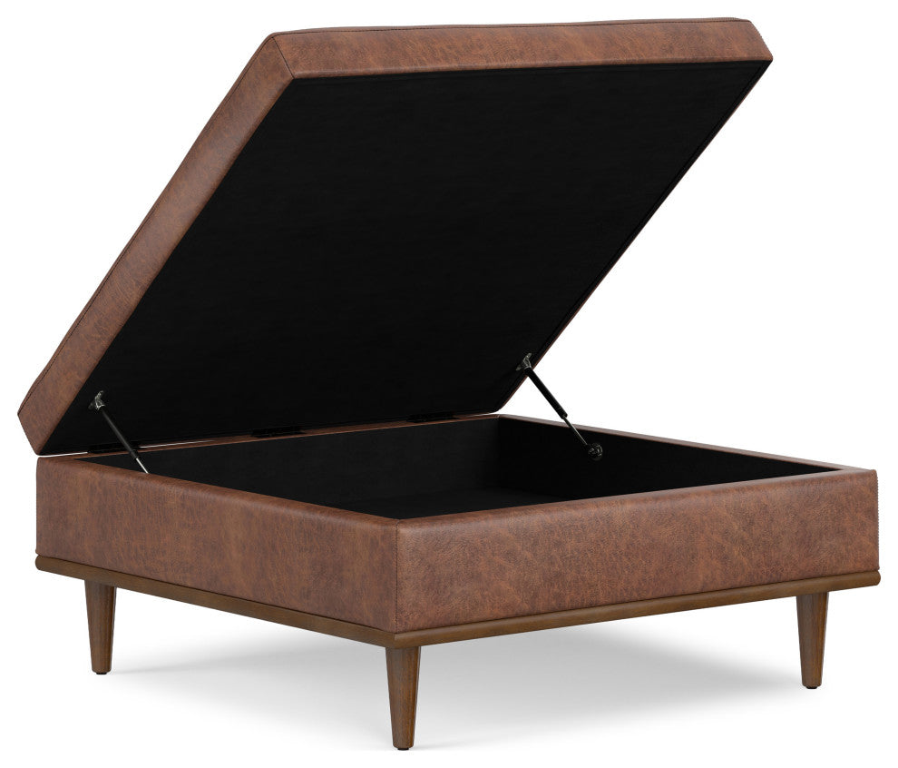 Shiloh Square Storage Ottoman, Distressed Saddle Brown Vegan Faux Leather