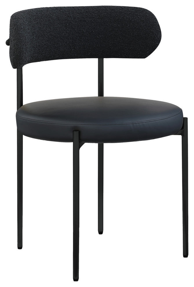 Beacon Dining Chair, Set of 2, Black, Vegan Leather and Boucle Fabric, Matte Black Finish