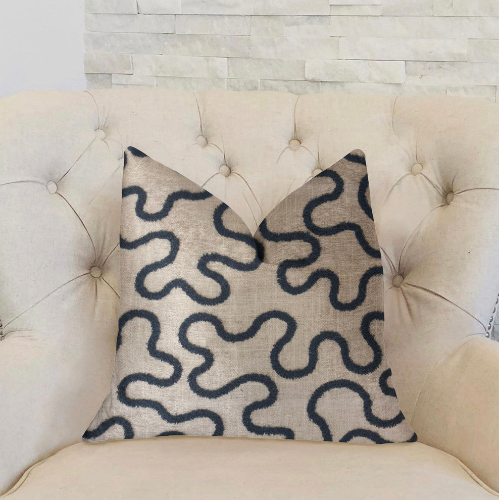 Chandra Taal Blue and Beige Luxury Throw Pillow, 12"x20"