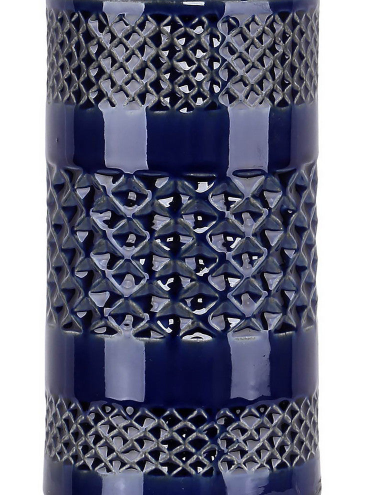 21" Navy Ceramic Table Lamp With Cylindrical Base & White Linen Shade, Set of 2