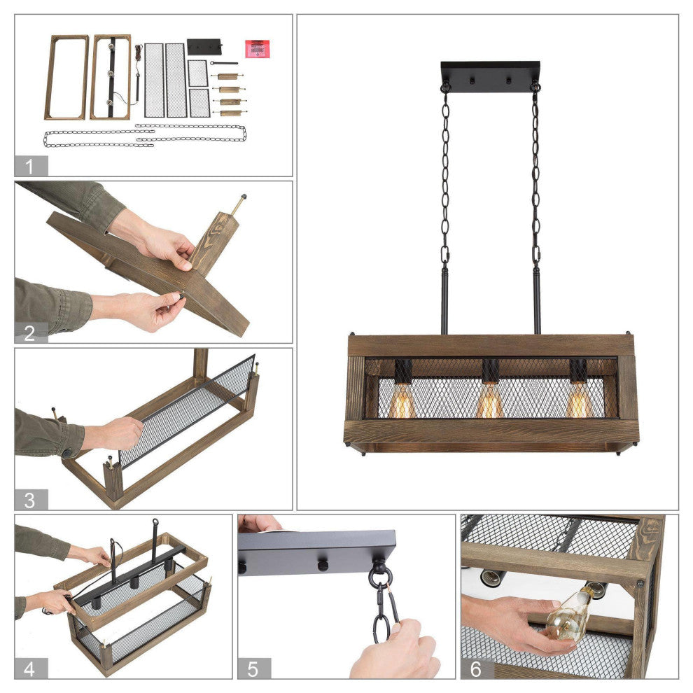 3-Ligths Matte Black Farmhouse Linear LED Kitchen Island Wooden Chandeliers