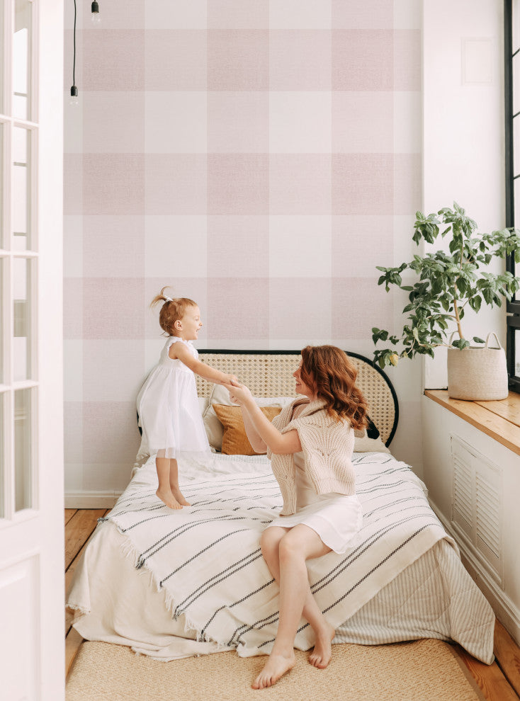 Checkered Fabric Look Large Peel and Stick Vinyl Wallpaper, Pink, 24" X 60"
