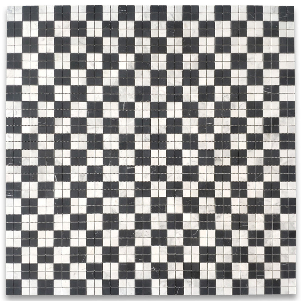 Carrara White Nero Marquina Black Marble 1x1 Plaid Mosaic Tile Honed, 1 sheet
