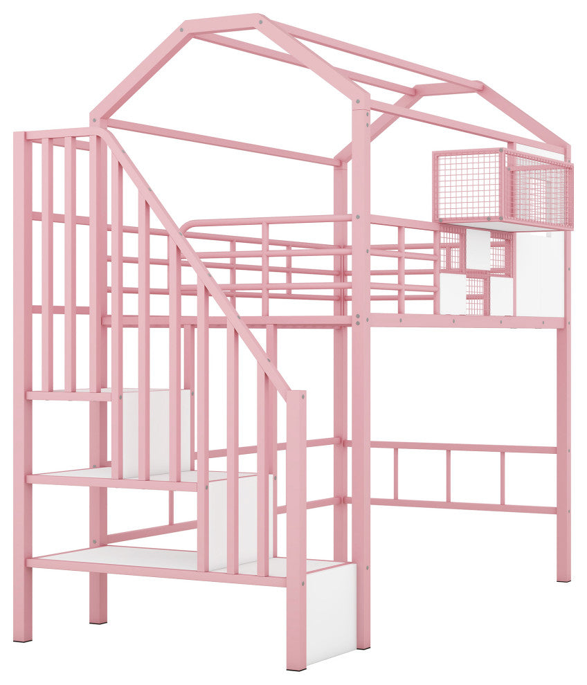 Gewnee Metal Loft Bed with roof design and a storage box, Twin, Pink