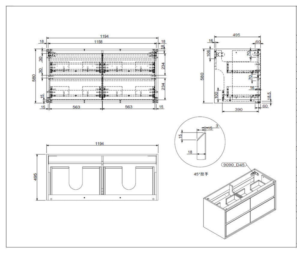 MOM 48" Wall Mounted Vanity With 4 Drawers and Acrylic Double Sink, Marble