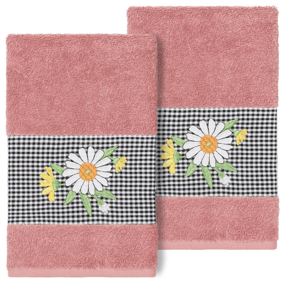 Linum Home Turkish Cotton Daisy 2-Piece Embellished Hand Towel Set, Tea Rose