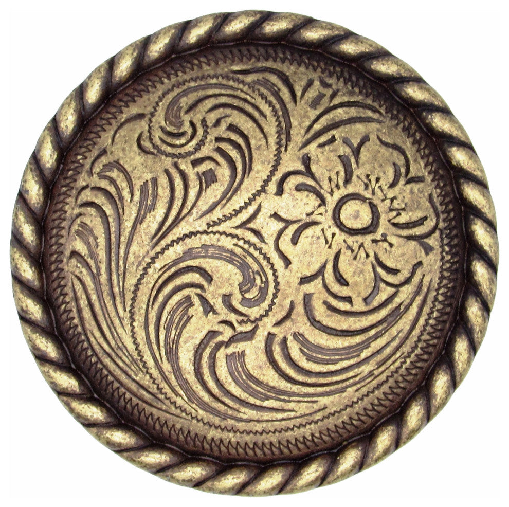 Engraved Flower Knob, Brass Ox