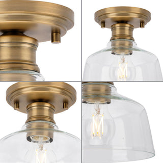Singleton 1-Light 7.62" Vintage Brass Semi-Flush Mount Light, Clear Glass Shade