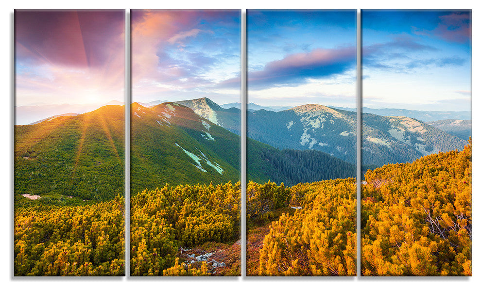 Bright Sunrise in Carpathian Mountains, Landscape Canvas Art, 48"x28", 4 Panels