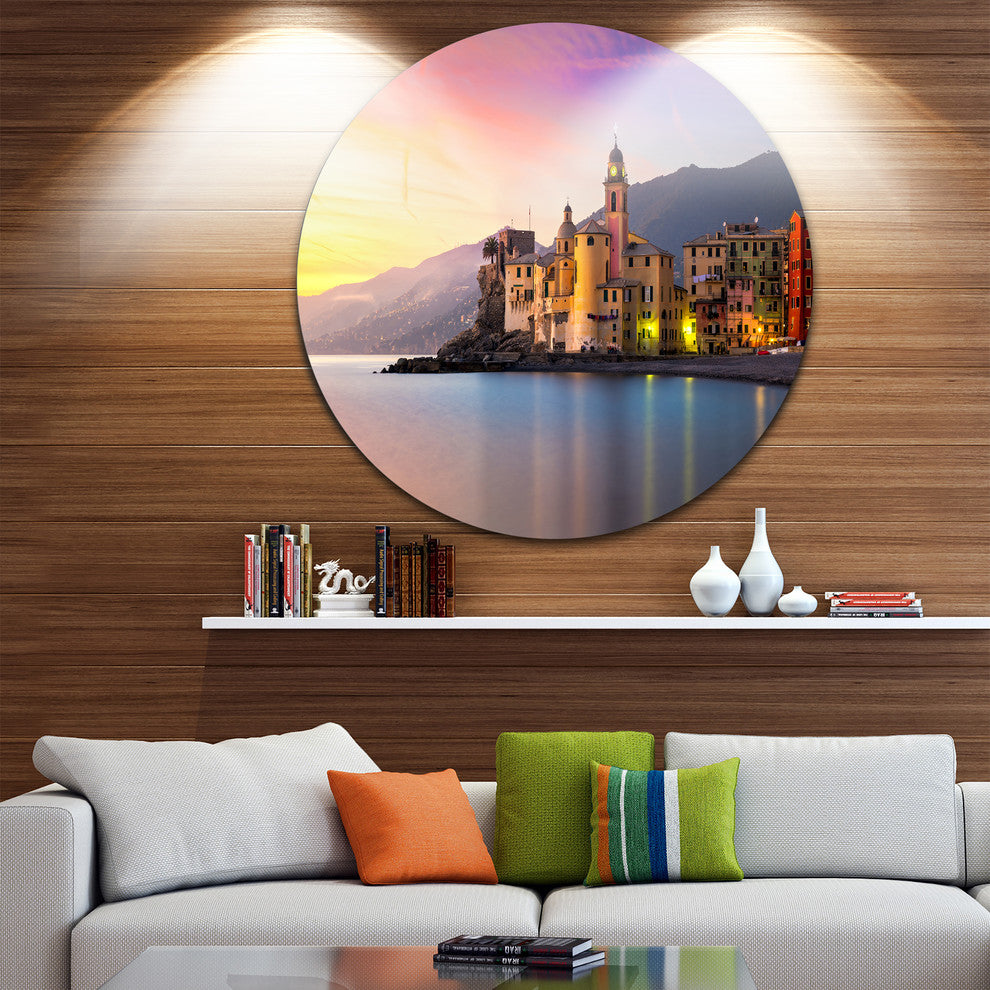 Old Mediterranean Town At Sunrise, Seashore Disc Metal Wall Art, 36"