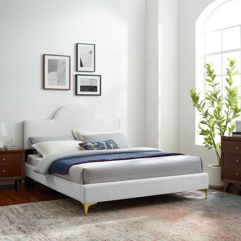Platform Bed Frame, Queen Size, White, Velvet, Modern, Bedroom Guest Suite