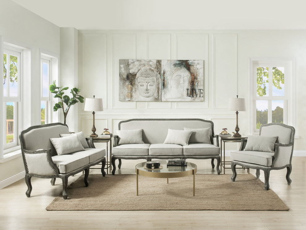 Lv01131 Loveseat With 2 Pillows, Cream Linen and Brown Finish Tania