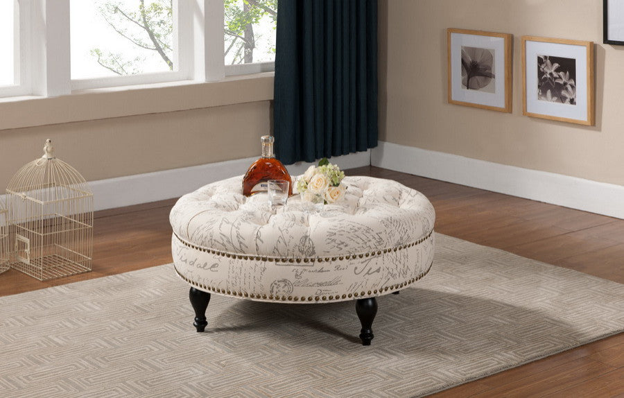 Manchester Beige Linen Script Print Tufted Ottoman