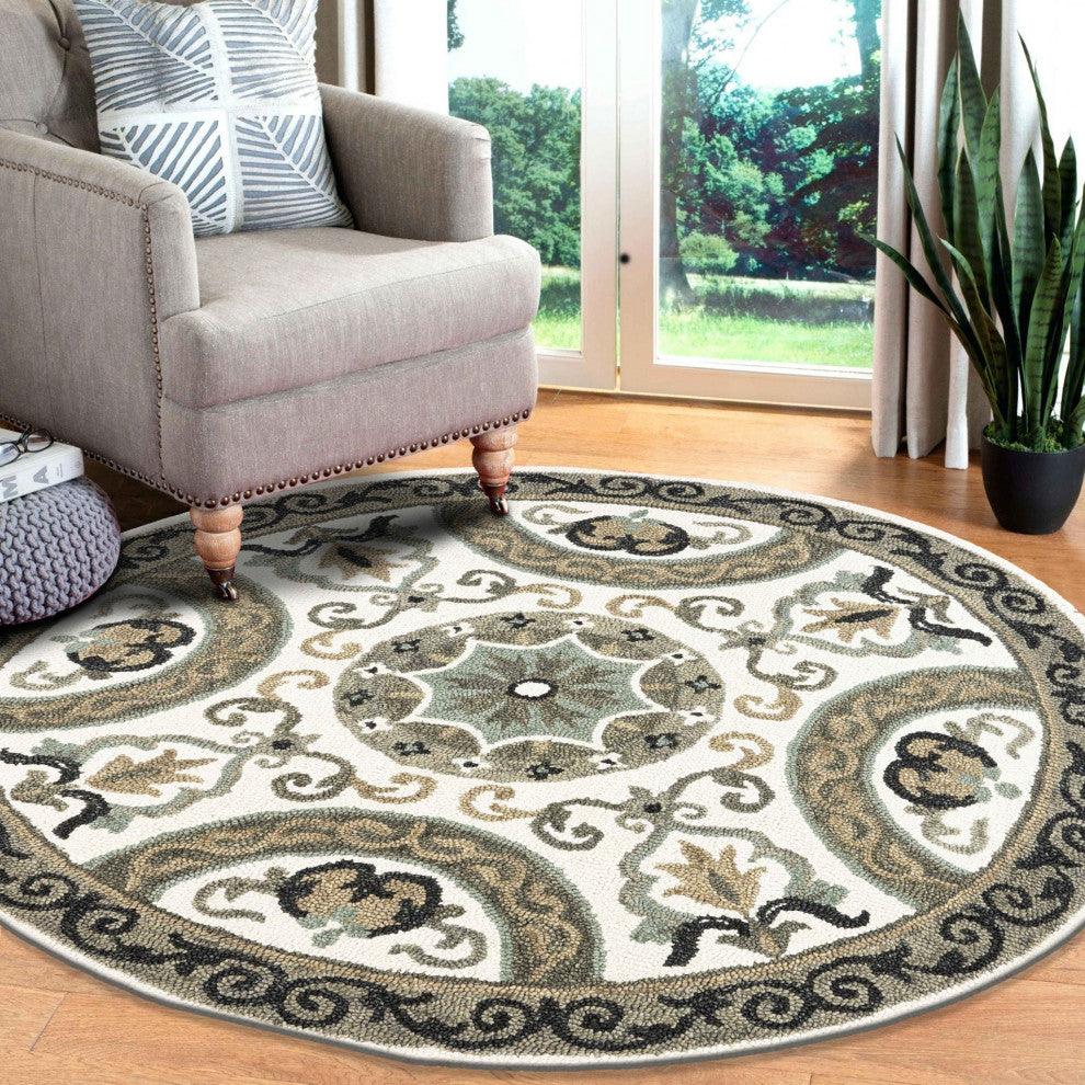 6" Round Gray Ornate Medallion Area Rug