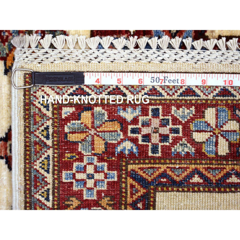 Ivory Afghan Super Kazak Hand Knotted Pure Wool Runner Rug, 2'8" x 9'4"
