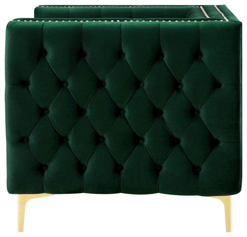 Jeannie Velvet 3-Seat Sofa Button Tufted With Metal Legs, Hunter Green