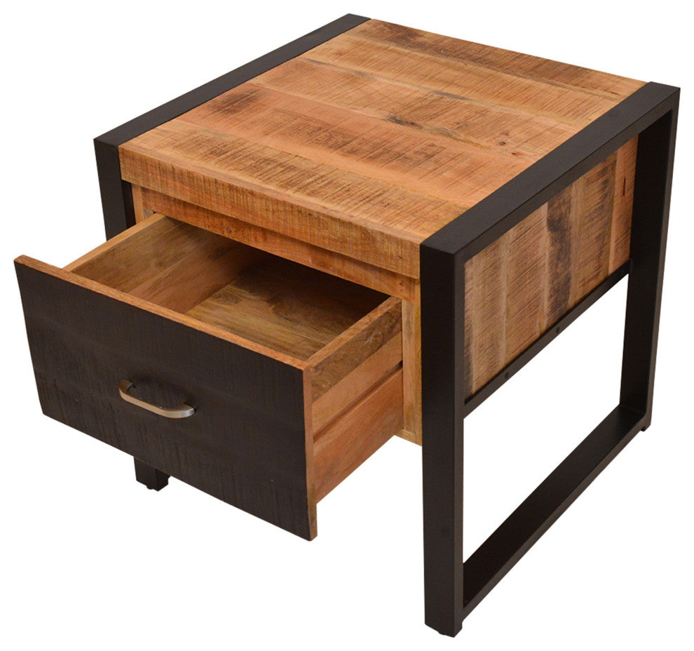 24 Inch Single Drawer Wooden Side Table with Metal Frame, Brown and Black