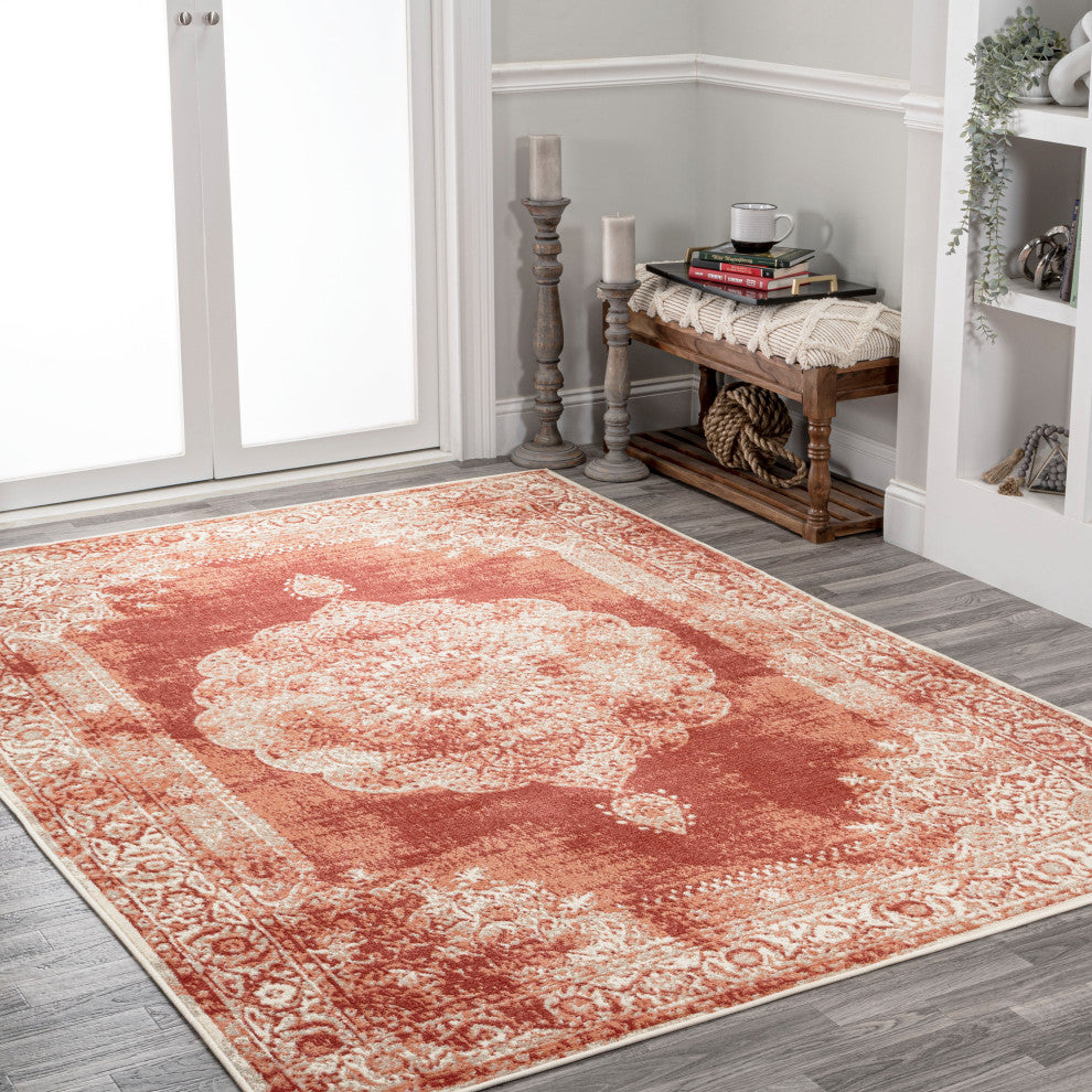 Rosalia Cottage Medallion Area Rug, Peach/Ivory, 4x6