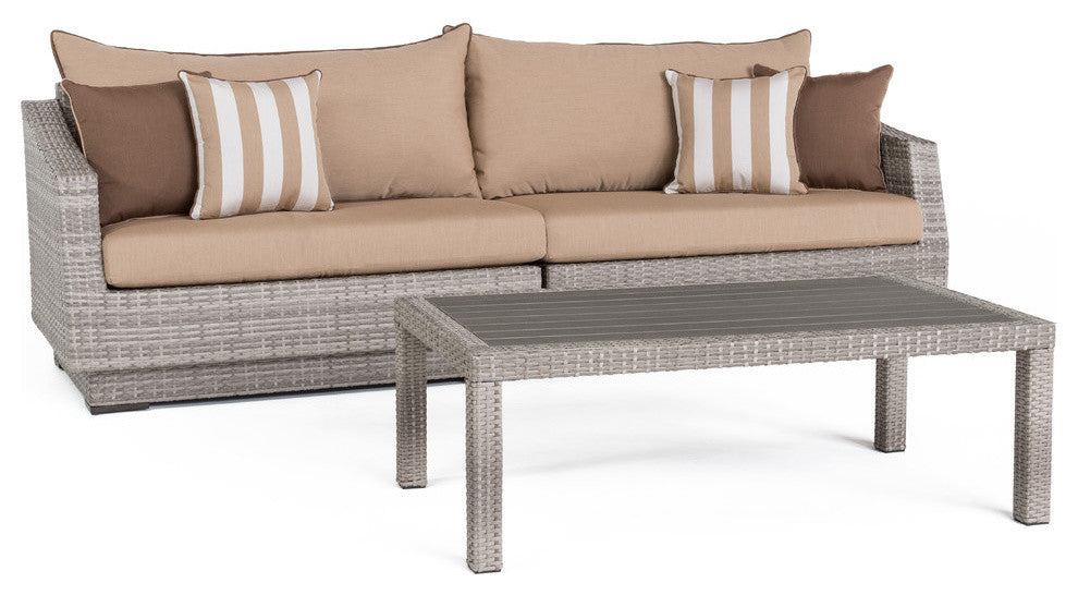 Cannes 2 Piece Sunbrella Outdoor Patio Sofa and Deluxe Outdoor Coffee Table Set, Beige