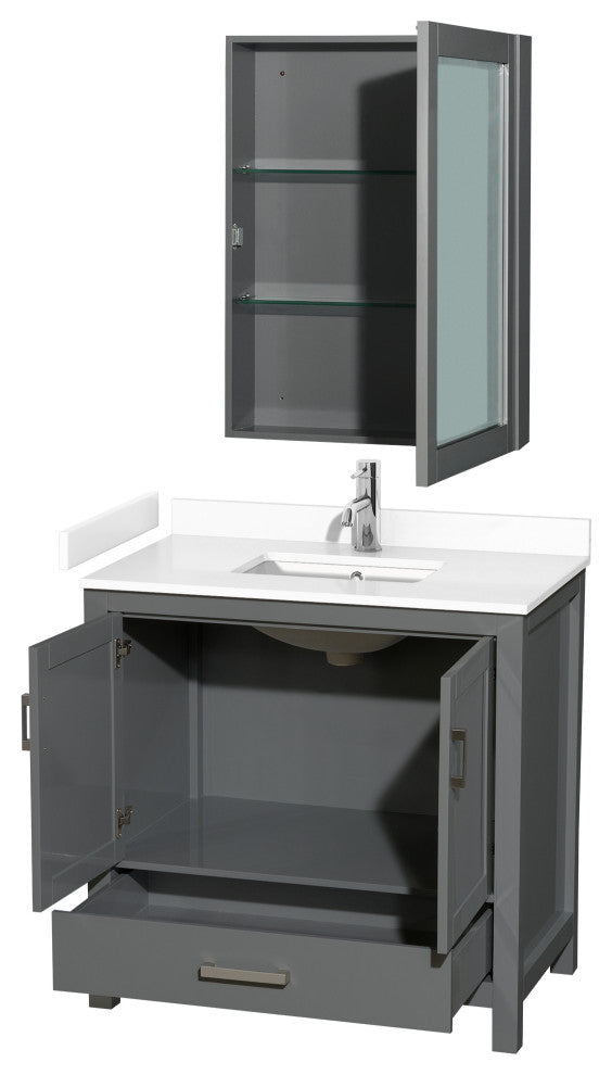 36"SGL Vanity Dark Gray, White Cult. Marble Countertop, Sink, Med. Cabinet