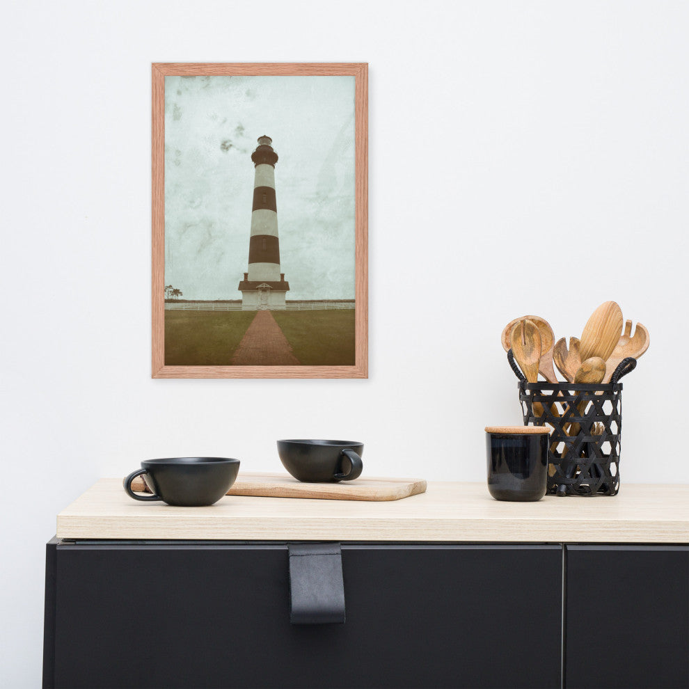 Aged Bodie Lighthouse Landscape Framed Photo Paper Wall Art Prints, Red Oak, 12" X 18"