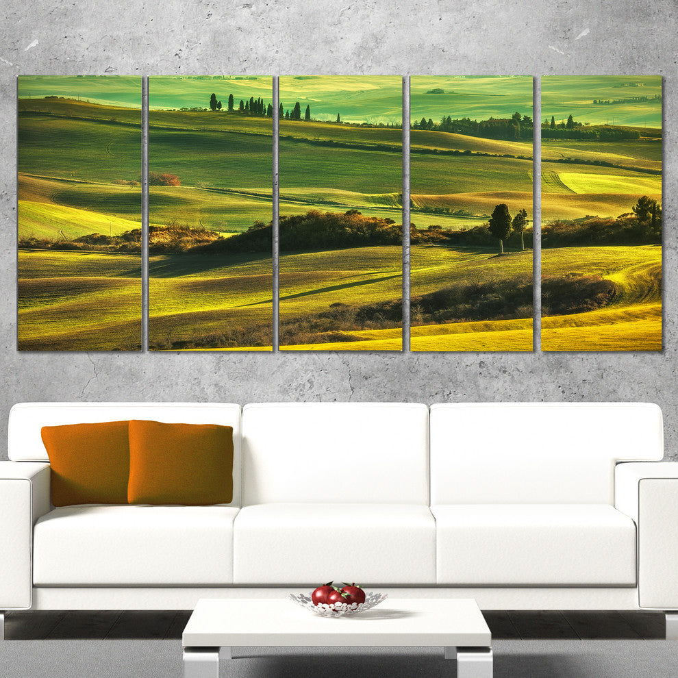 "Green Rolling Hills On Misty Sunset" Landscape Wall Art, 5 Panels, 60"x28"
