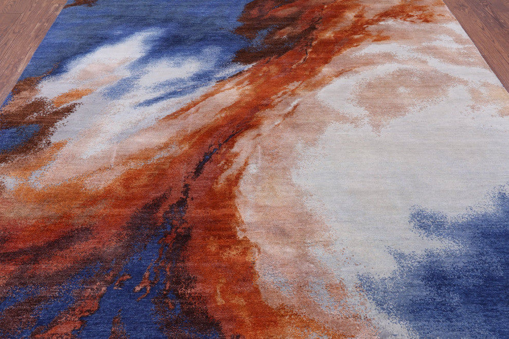 7' 11" X 9' 11" Abstract Hand Knotted Wool and Silk Rug Q9050