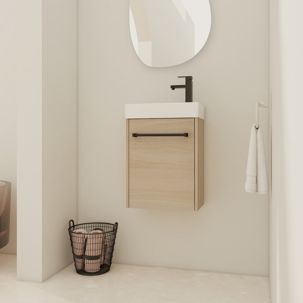GDF Studio 16" Wall-Mounted Vanity, Ceramic Sink & Soft-Close Cabinet, Light Oak