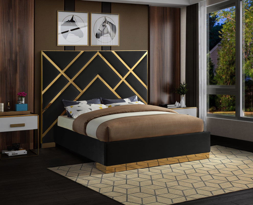 Vector Upholstered Bed, Black, Queen, Velvet