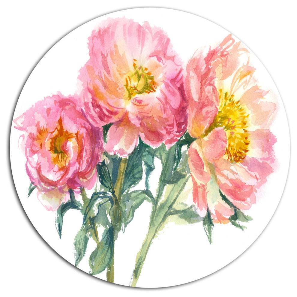 Bouquet Of Pink Peony Watercolor, Flower Large Disc Metal Wall Art, 38"