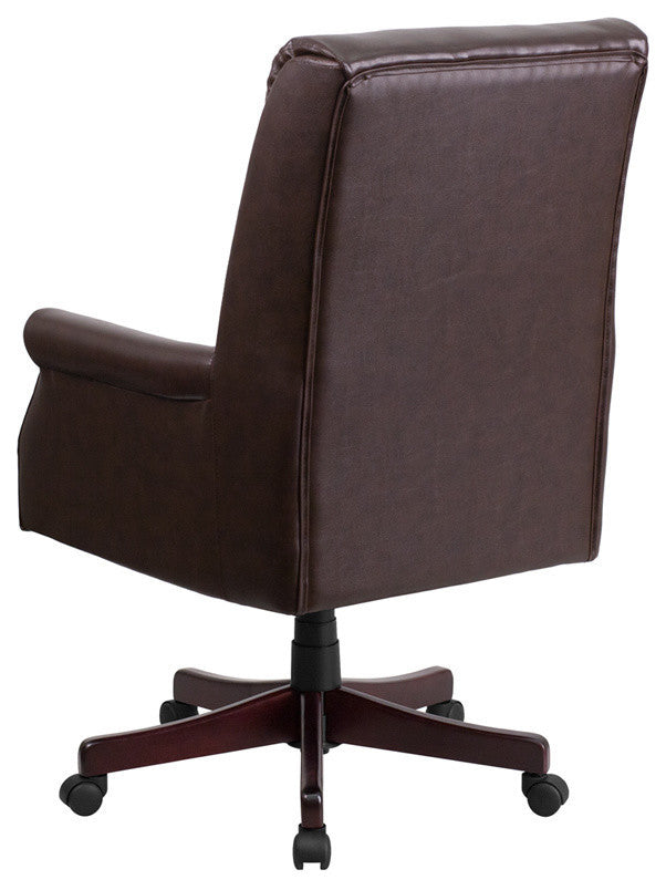 High Back Pillow Back Brown LeatherSoft Executive Swivel Office Chair with Arms