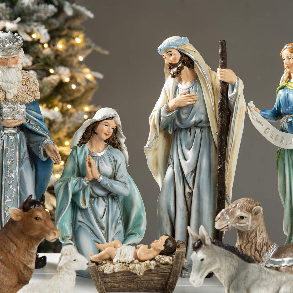 12-Piece Oversized Deluxe Blue Resin Nativity Figurine Set