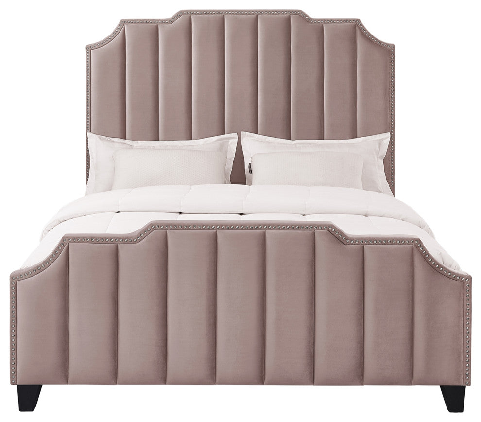 Inspired Home Zaida Bed, Velvet Upholstered, Pink, Queen