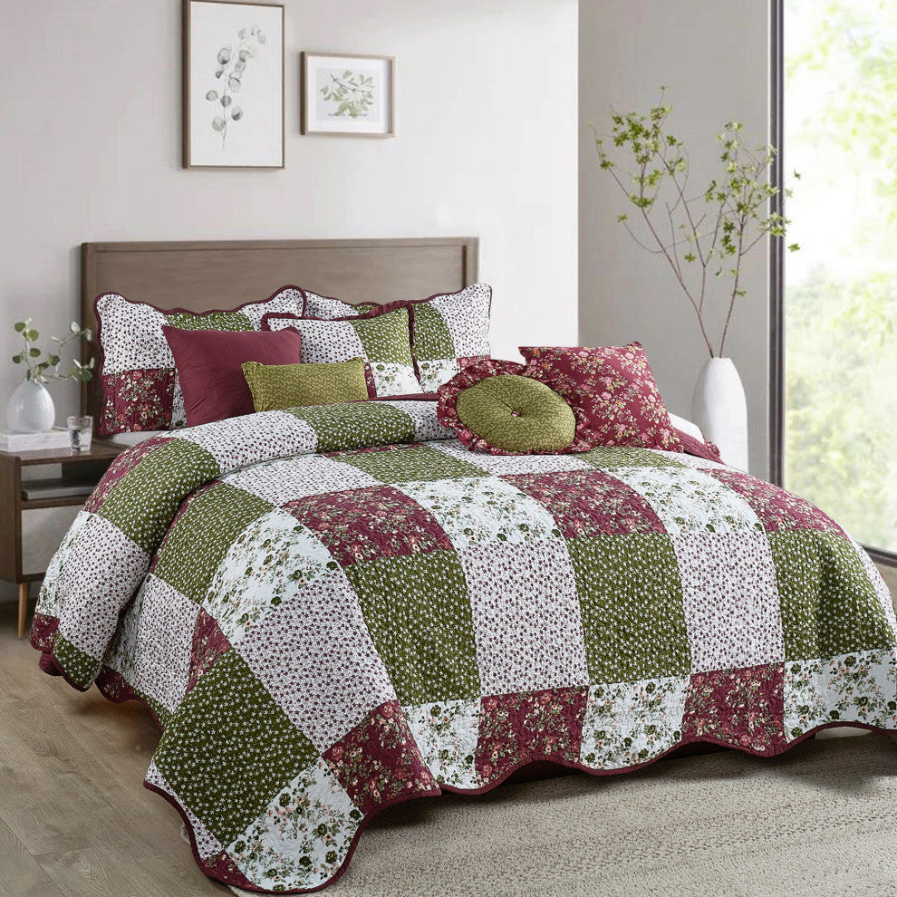 Patchwork Quilted 8-Piece Bed Spread Coverlet Set, Burgundy, Queen