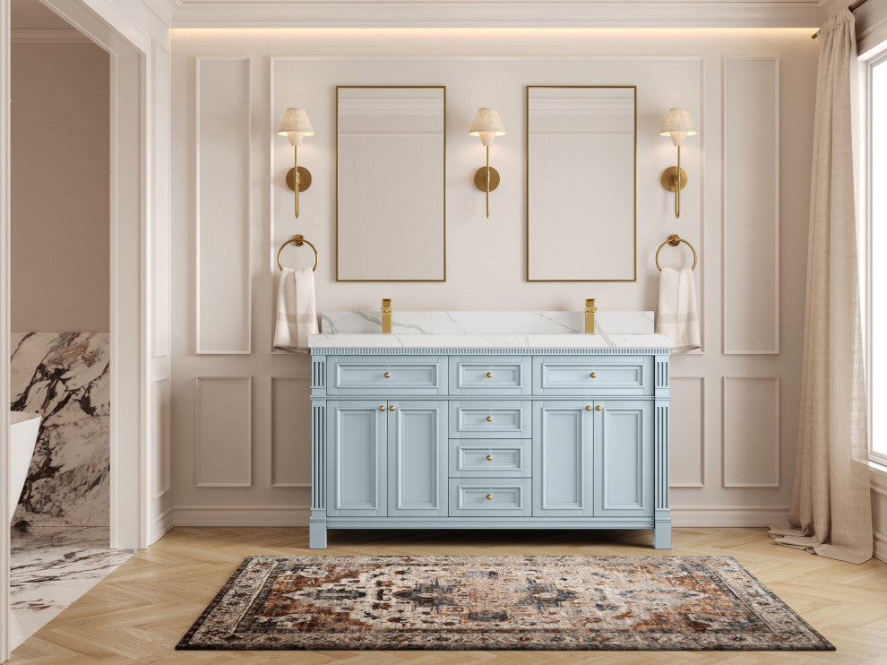 Paris 60" Double Sink Bathroom Vanity, Blue Heather 2" Calacatta Laza