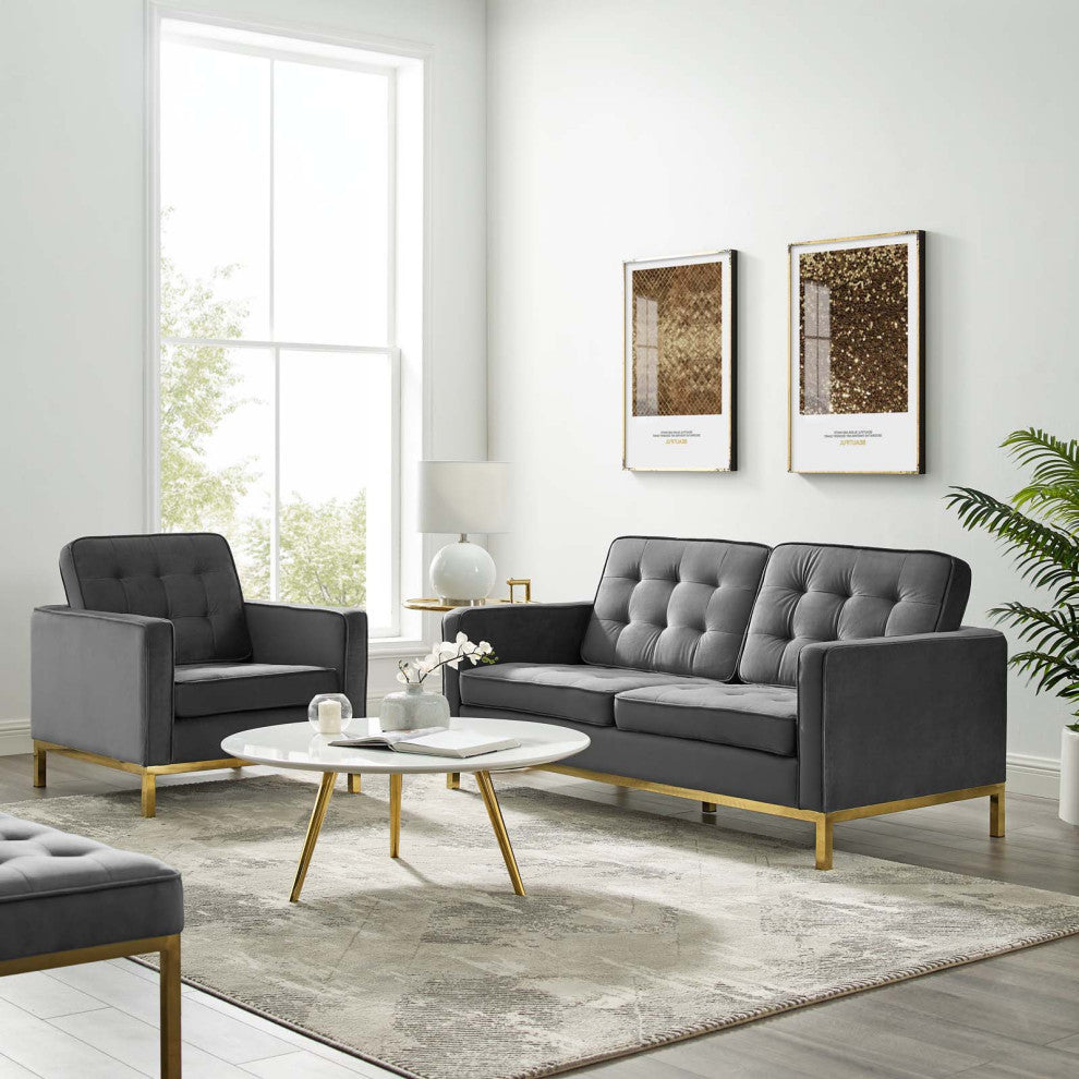 Armchair and Loveseat Sofa Set, Velvet, Gold Gray, Modern, Lounge