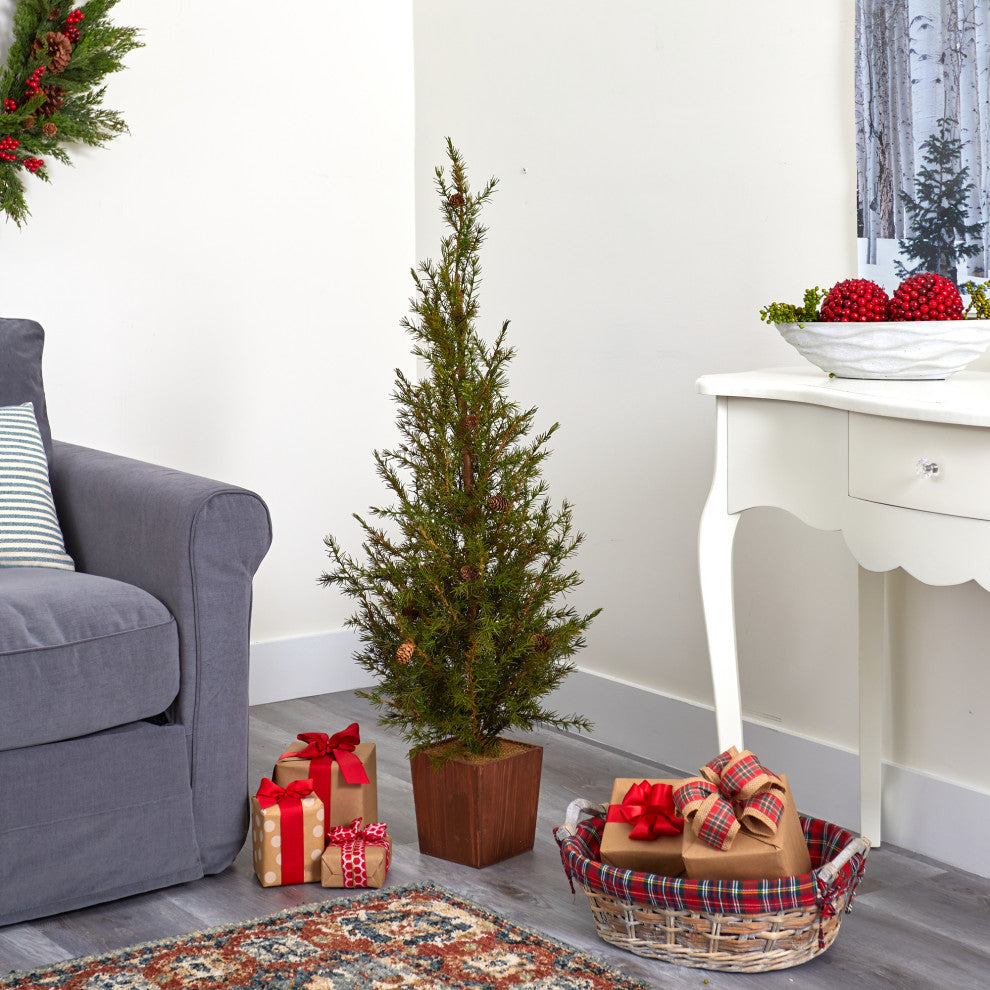 4' Alpine Natural Look Artificial Christmas Tree, Wood Planter With Pine Cones