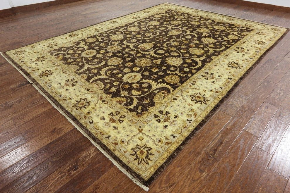 Oushak Peshawari Chobi Brown Hand-Knotted Wool Rug, 9'x12'