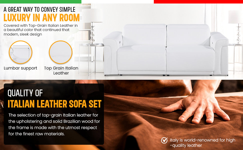 Augusto Top Grain Power Reclining Italian Leather Sofa, Dark Gray