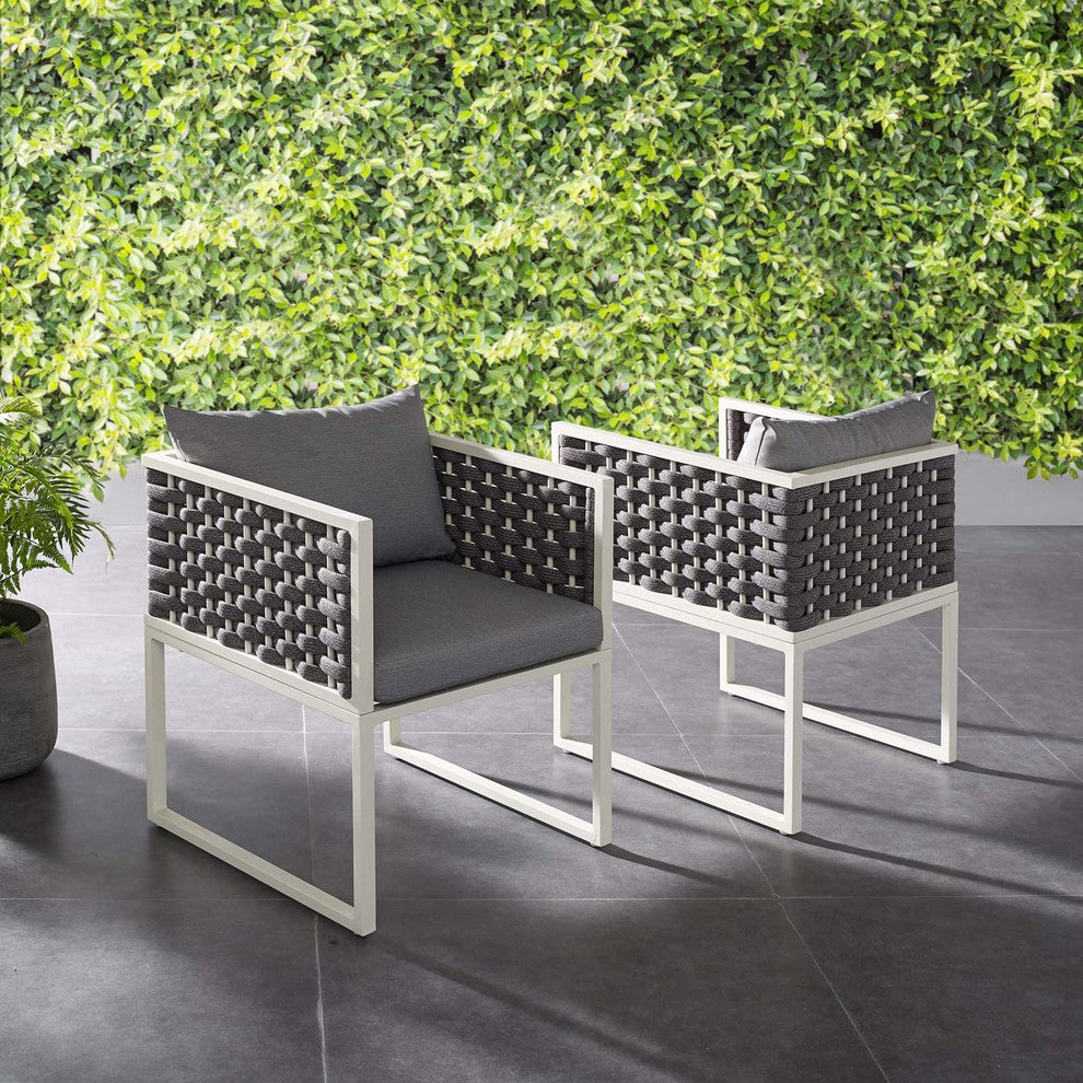 Modern Outdoor Dining Chair Armchair, Set of 2, Fabric Aluminium, White Gray