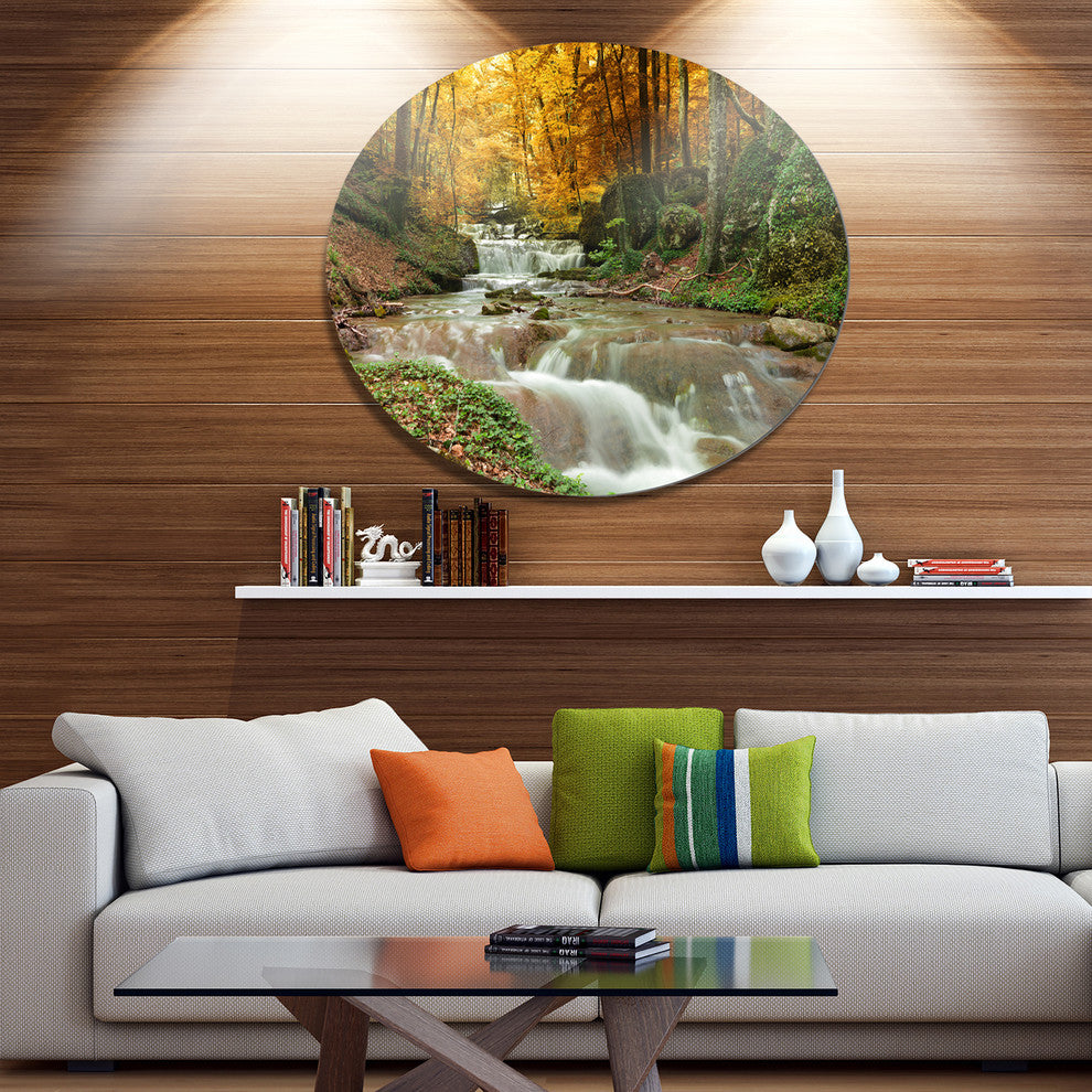 Forest Waterfall With Yellow Trees, Landscape Disc Metal Wall Art, 23"