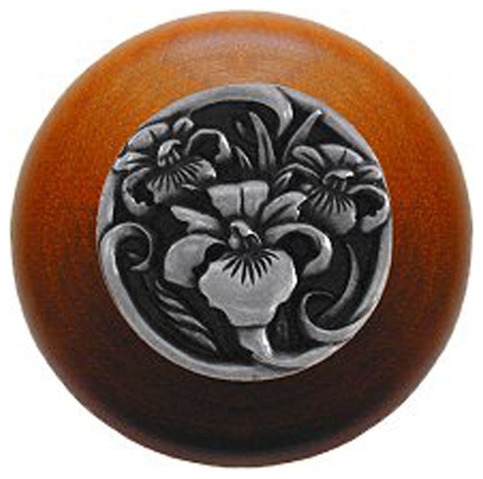 River Iris Wood Knob, Antique Brass, Cherry Wood Finish, Brilliant Pewter