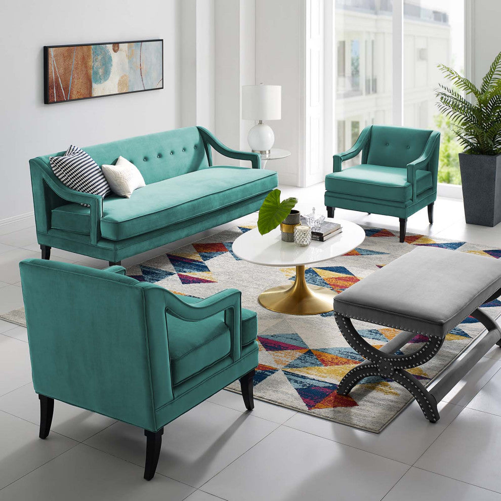 Armchair and Sofa Set, Set of 3, Velvet, Teal Blue, Modern, Lounge Hospitality