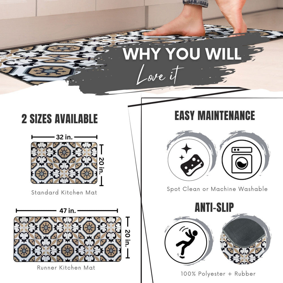 Carmen Printed Kitchen Runner Mat 47" x 20" White and Beige Tile Design