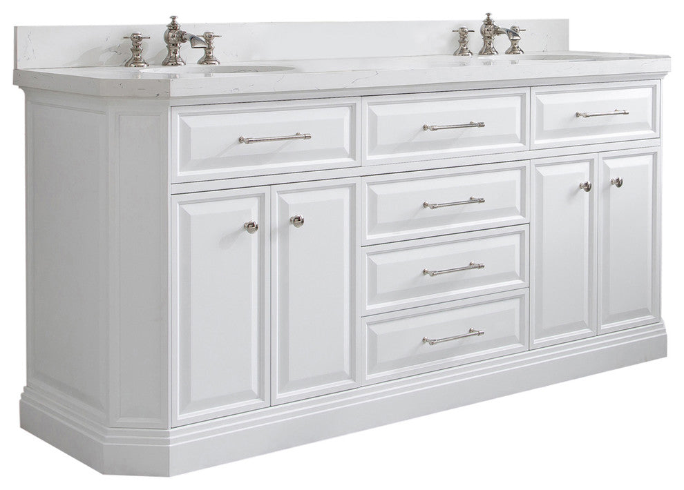 72" Palace Quartz Pure White Vanity With Hardware, Faucets in Polished Nickel