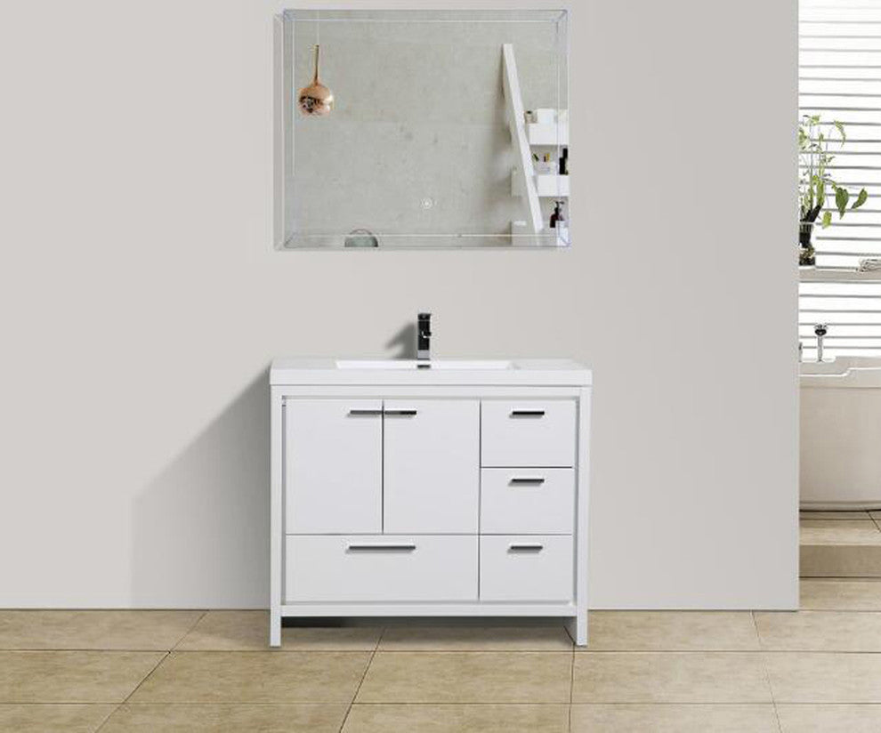 Alma Allier 42 inch free standing vanity with sink, Gloss White, Right Drawer