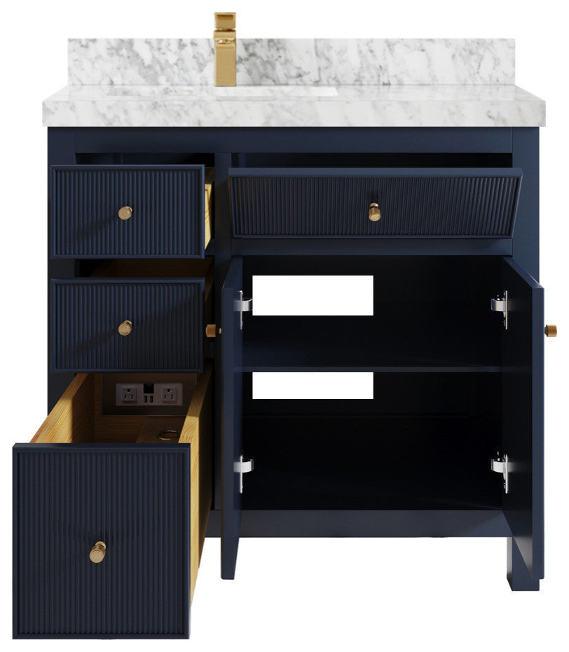 Sonoma 36 Left Offset Reeded  Bath Vanity in Hale Navy Blue 2" Carrara Marble